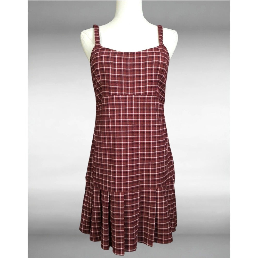 Vintage Y2K Hollister Grunge Plaid School Girl Smocked Cami Dress Red Womens M